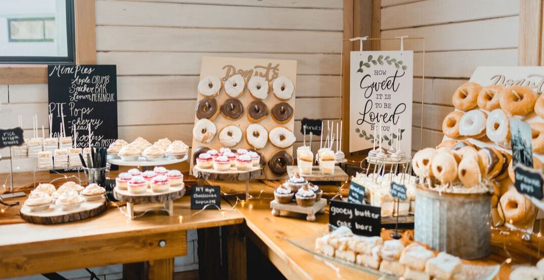 Dessert bar with pie, cake, donuts, shooters, and more